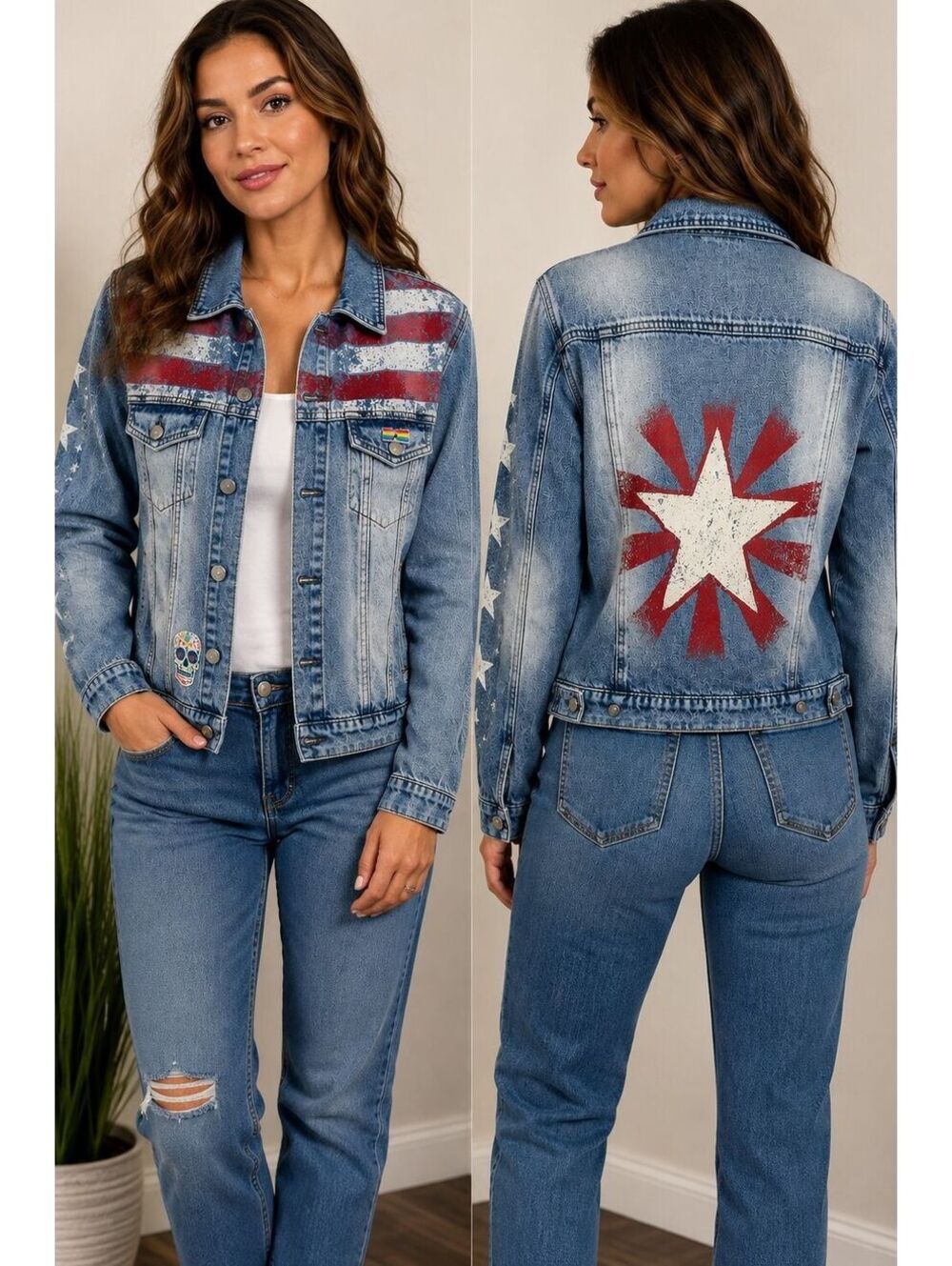 MARVEL Women's Denim Jacket Custom Graphic American Flag Rainbow Pride